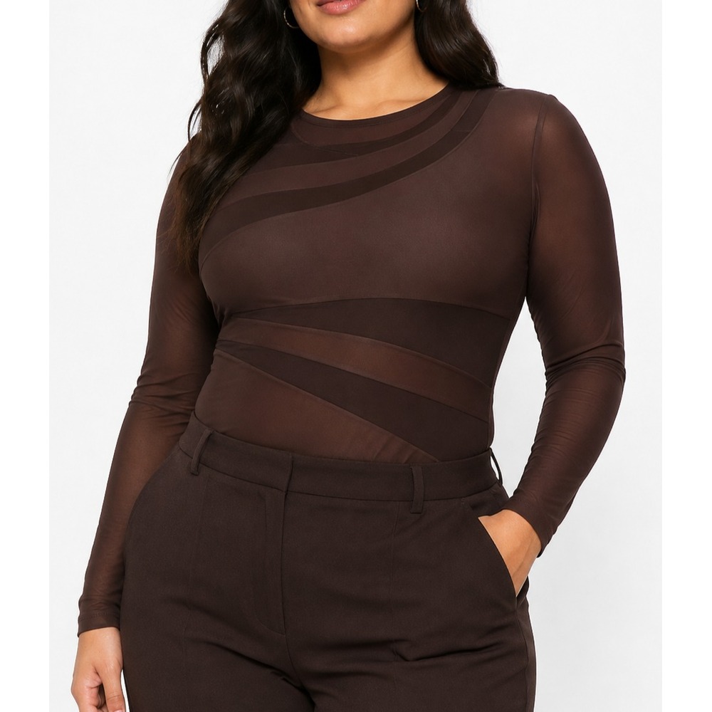 SheIn Womens Brown Mesh Bodysuit XL Sheer Long Sleeve Geometric Panels Fitted